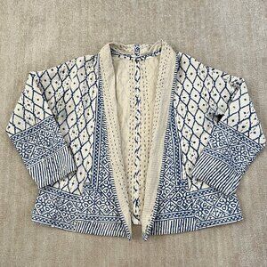 Blue Cardigan Quilt Jacket Coat XL Open Front with Pockets